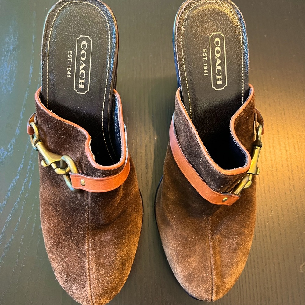 Coach brown suede high heel mules. In very good condition. Size 8.